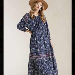 Umgee Paisley Print Smocked Ruffle Cuff Maxi Dress Size Medium Women